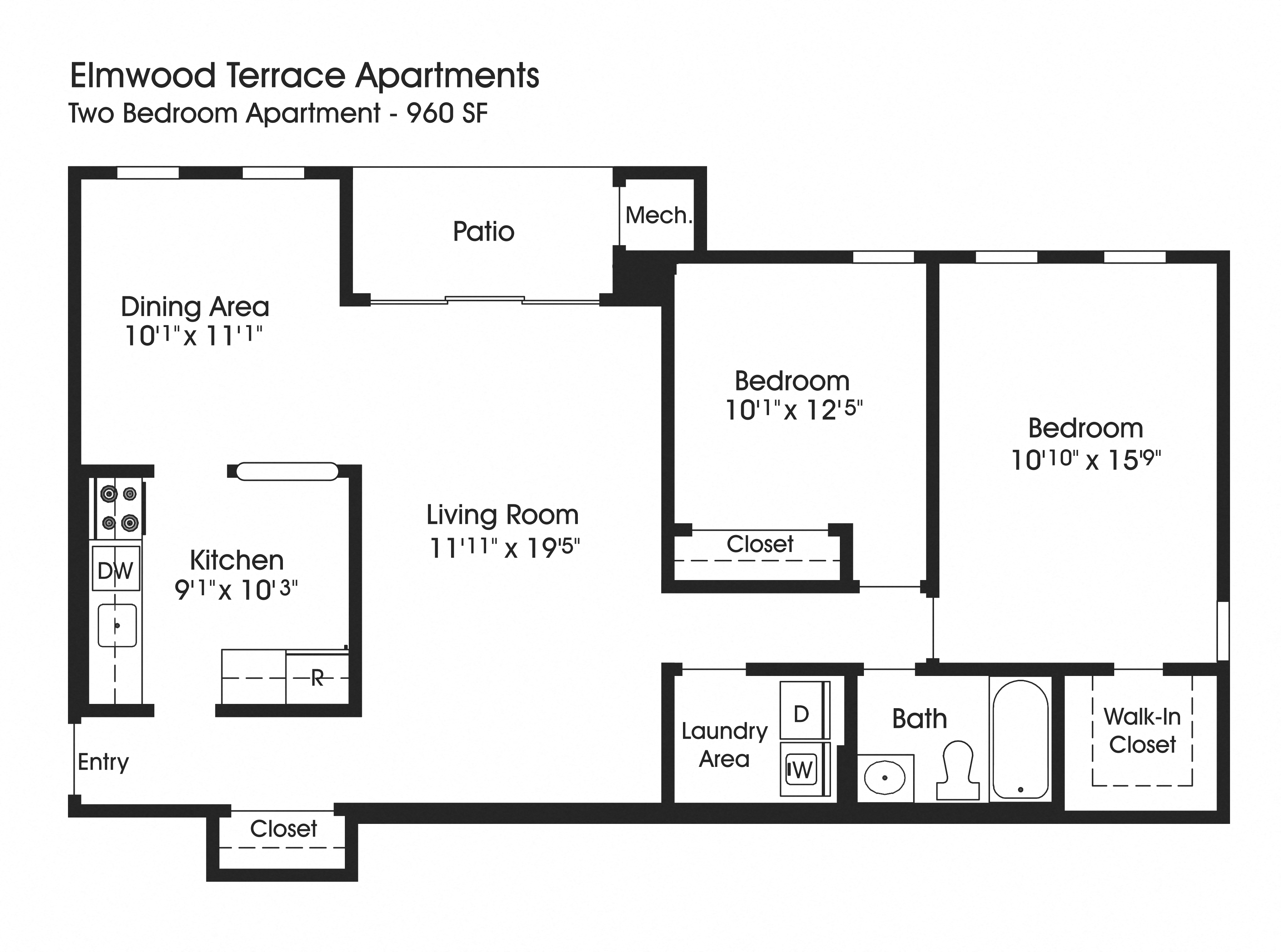 Floor plan for 2 beds, 1 bath, 960 sqft